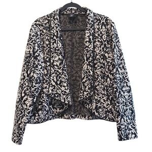 Libra Black White Damask Floral Print Open Front Collarless‎ Blazer Jacket Women